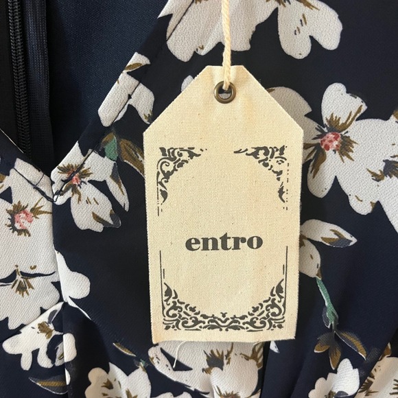 Entro Floral Print Mini Dress V Neck Long Sleeve Casual Party‎ Navy White L NWT - Picture 8 of 16